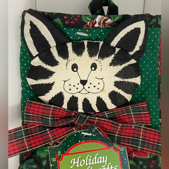 90s Christmas Cat Mitt potholder placemat SET quilted Holiday LOT Vintage Franco - Picture 2 of 16